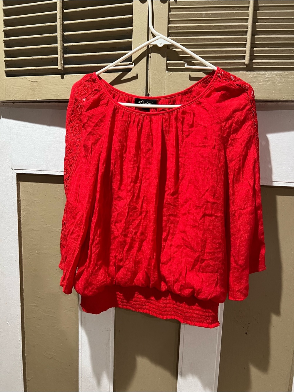 Thalia Sodi Red Peasant Blouse with Lace Shoulders